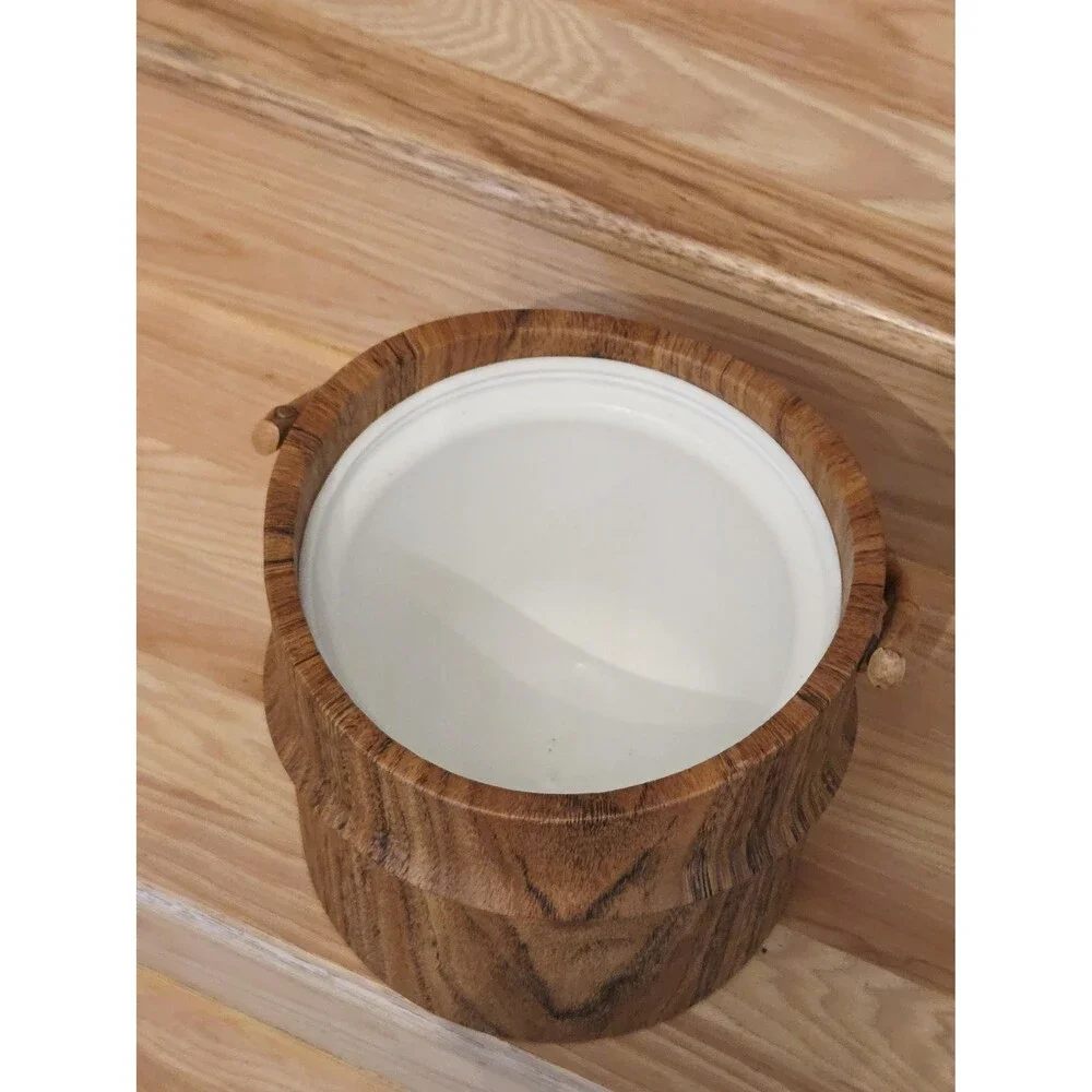 Vintage MCM Kraftware Faux Wood Ice Bucket with Bamboo Handle Made in USA